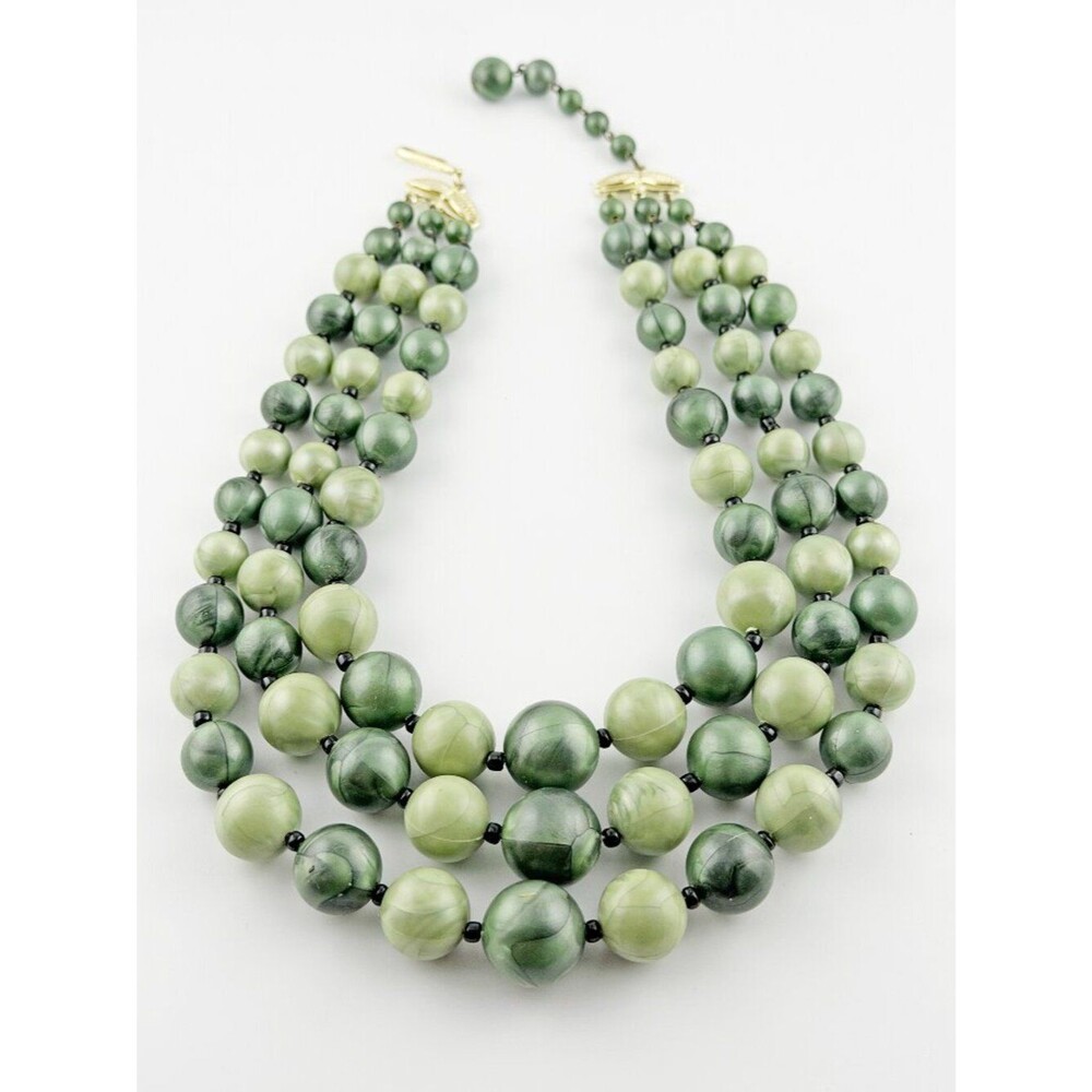 Vtg West Germany Triple Strand Green Marbled Bead Choker Necklace 14"-16"